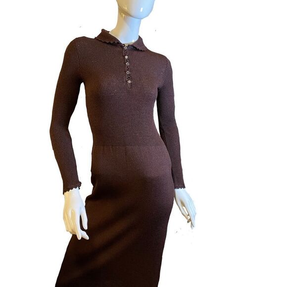 Vintage 60s Goldworm Knit Ribbed Crochet MIDI Chocolate Brown Sweater Dress XS - Picture 14 of 17